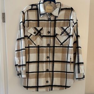 Thread & Supply Beige and Black Plaid Shirt Jacket, Size Medium
